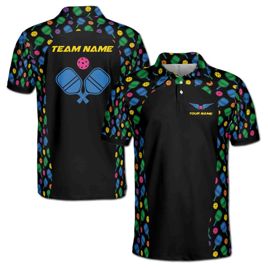 Custom Name Pickleball Wings Colorful Paddle Black 3D Men's Polo Shirt S-5XL