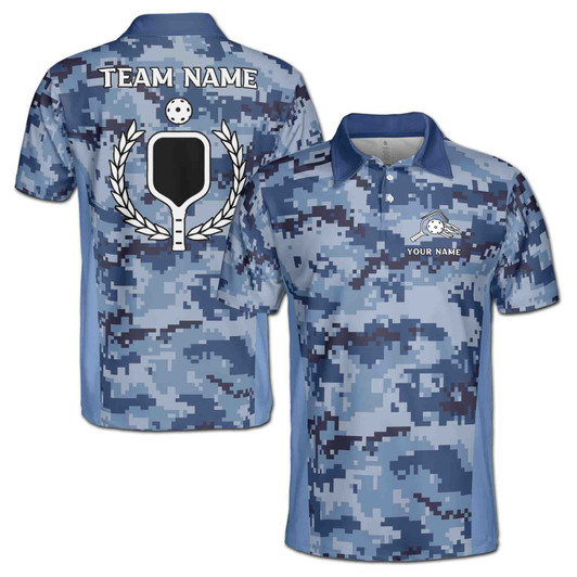 Custom Name Pickleball Paddle Wreath Pixel Camo Blue 3D Men's Polo Shirt S-5XL