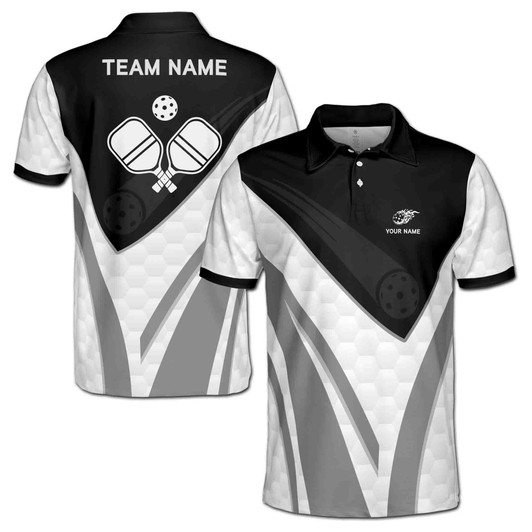 Custom Name Pickleball Paddle Flaming Black White 3D Men's Polo Shirt S-5XL