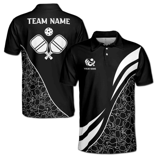Customize Name Pickleball Paddle Outline Pattern Black White 3D Men's Polo Shirt S-5XL