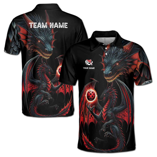Custom Name Pickleball Paddle Majestic Dragon Black 3D Men's Polo Shirt S-5XL