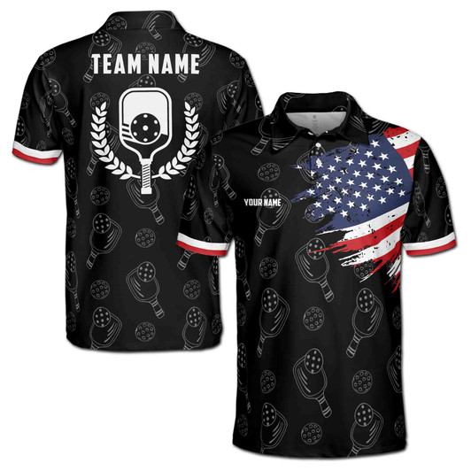 Custom Name Pickleball Paddle Wreath USA Black 3D Men's Polo Shirt S-5XL