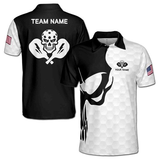 Custom Name Pickleball Skull Lightning USA Black White 3D Men's Polo Shirt S-5XL