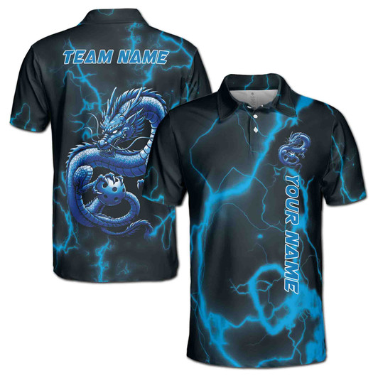 Custom Name Pickleball Eastern Dragon Black Blue 3D Men's Polo Shirt S-5XL