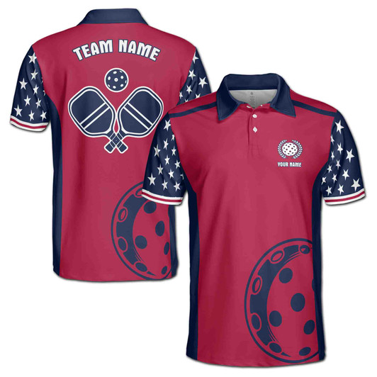 Custom Name Pickleball Wreath Stars Dark Blue Red 3D Men's Polo Shirt S-5XL