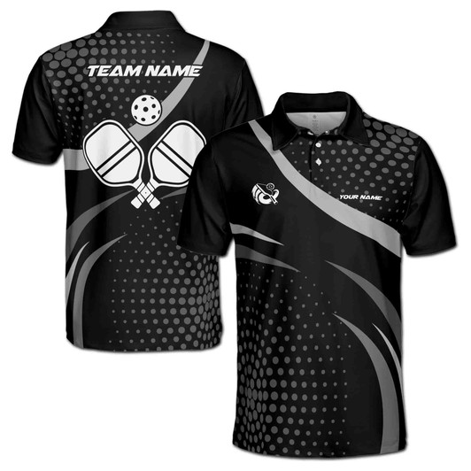 Custom Name Pickleball Paddle Dots Pattern Black White 3D Men's Polo Shirt S-5XL