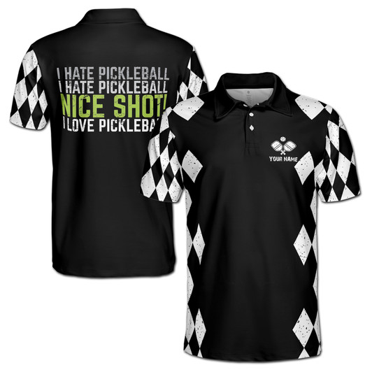 Custom Name Pickleball Love Hate Nice Shot Black White 3D Men's Polo Shirt S-5XL