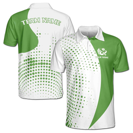 Custom Name Pickleball Paddle Dots Pattern White Green 3D Men's Polo Shirt S-5XL