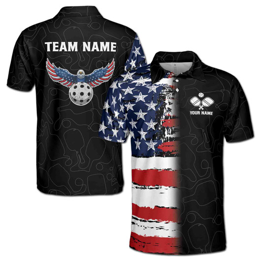Custom Name Pickleball USA Eagle Black Red White Blue 3D Men's Polo Shirt S-5XL