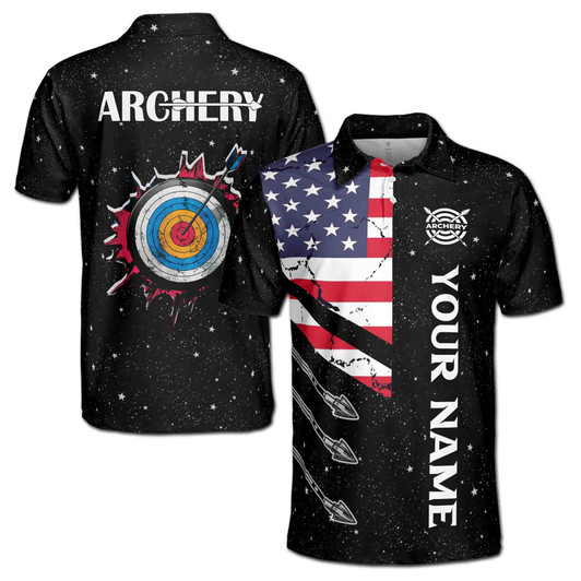 Custom Name Archery Starry Night Sky USA Flag Black 3D Men's Polo Shirt S-5XL
