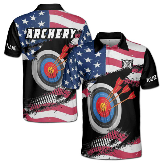 Custom Name Archery Arrow Board USA Flag Black 3D Men's Polo Shirt S-5XL