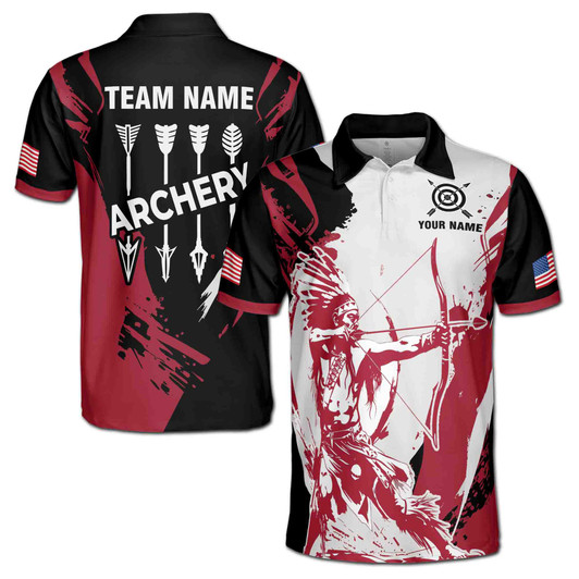 Custom Name Archery Native Archer USA Black Red White 3D Men's Polo Shirt S-5XL