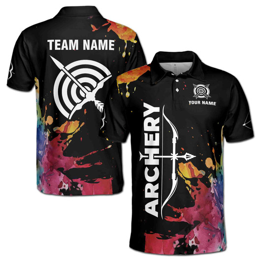 Custom Name Archery Bow Arrow Colorful Splashes Black 3D Men's Polo Shirt S-5XL