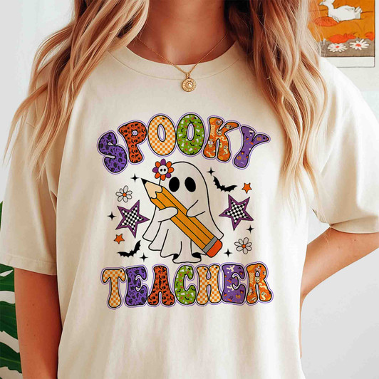 Preppy Spooky Teacher Retro Halloween Ghost Shirt Adult T Shirt S-5XL