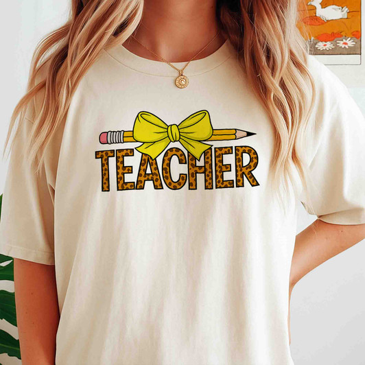 Trendy Teacher Leopard Checkered Pencil Bow Shirt Adult T Shirt S-5XL