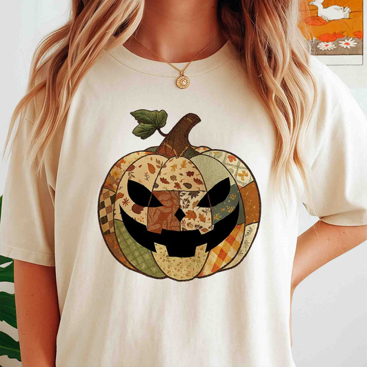 Retro Patchwork Halloween Pumpkin Shirt Adult T Shirt S-5XL