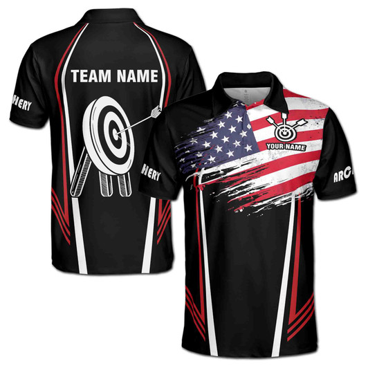 Custom Name Archery Arrow Board Sleak USA Flag Black 3D Men's Polo Shirt S-5XL