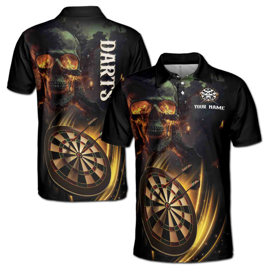 Custom Name Darts Board Flaming Skull Spark Black 3D Men's Polo Shirt S-5XL