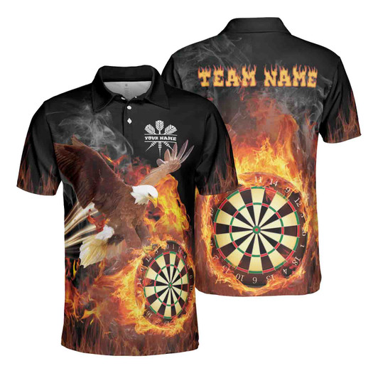 Custom Name Darts Board Flaming Eagle Black 3D Men's Polo Shirt S-5XL