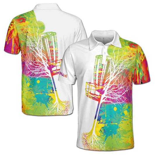 Custom Name Disc Golf Basket Colorful Splashes White 3D Men's Polo Shirt S-5XL