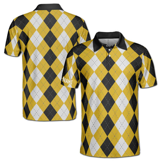 Custom Name Argyle Pattern Yellow Black White 3D Men's Polo Shirt S-5XL
