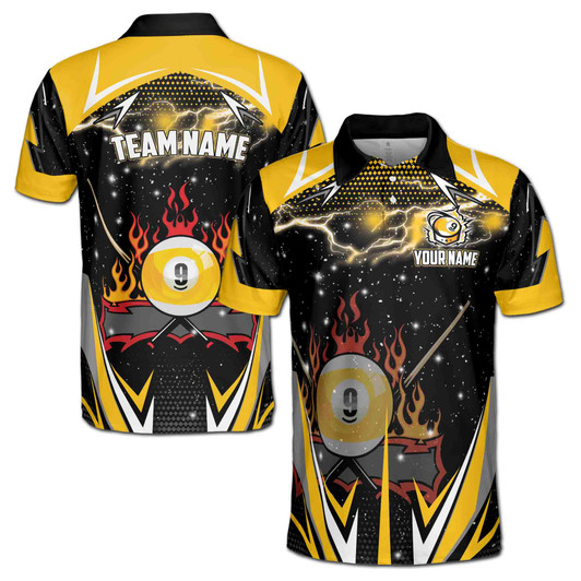 Custom Name Billiard Fire Lightning Stars Black Yellow 3D Men's Polo Shirt S-5XL