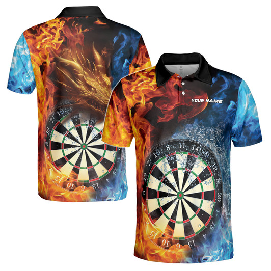Customize Name Fire and Ice Dragon Dartboard 3D Men's Polo Shirt S-5XL, Gift for Dart Lovers