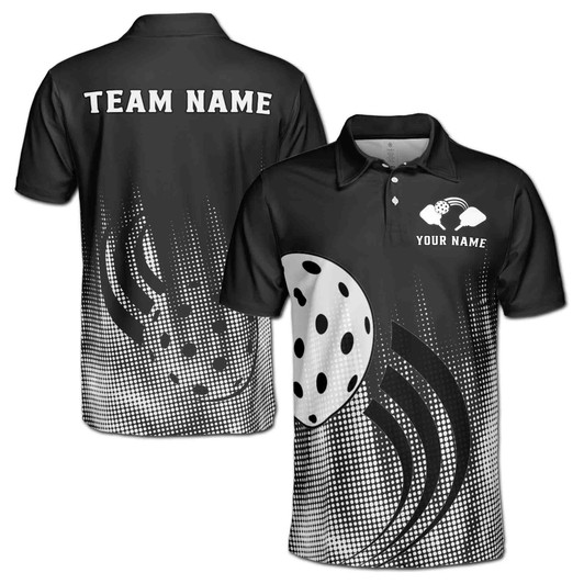 Custom Name Pickleball Paddle Swing Dots Black White 3D Men's Polo Shirt S-5XL