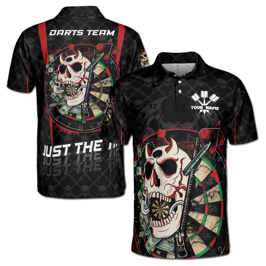 Custom Name Darts Board Skull Just The Tip Black 3D Men's Polo Shirt S-5XL