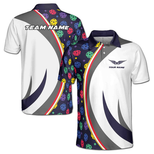 Custom Name Pickleball Wings Colorful White Dark Blue 3D Men's Polo Shirt S-5XL