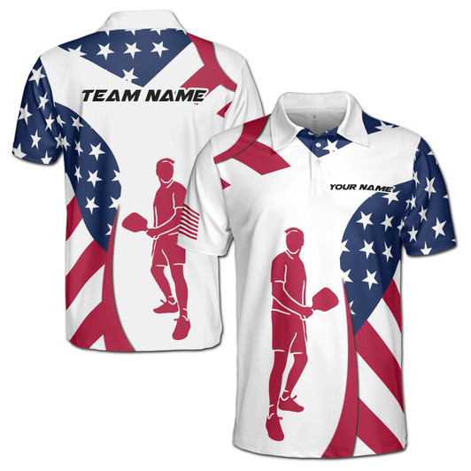 Custom Name Pickleball Player USA Flag White Red Blue 3D Men's Polo Shirt S-5XL