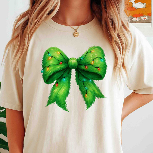 Cozy Colorful Christmas Lights Green Bow Shirt T-shirt S-5XL