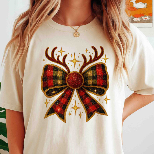 Festive Christmas Bow Reindeer Holiday Shirt T-shirt S-5XL