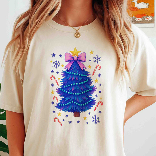 Glitter Coquette Christmas Tree Colorful Holiday T-shirt S-5XL