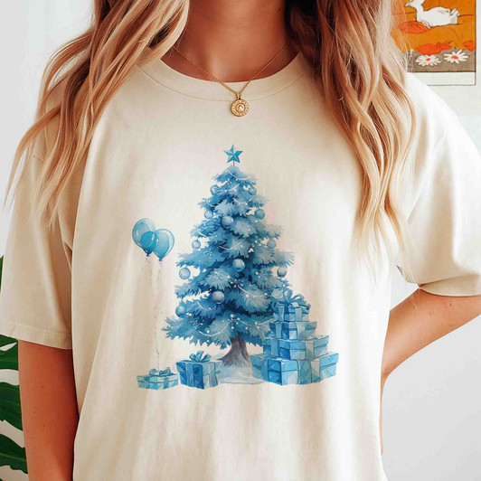 Coquette Blue Bow Christmas Tree Preppy Holiday T-shirt S-5XL
