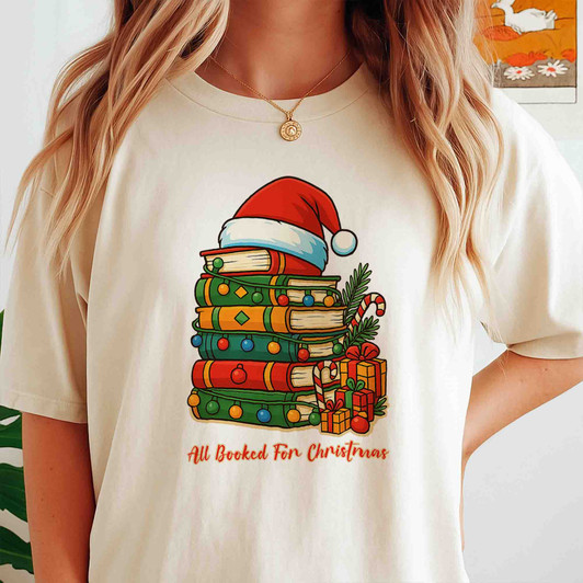 All Booked For Xmas Book Lover Stack Santa Hat T-shirt S-5XL