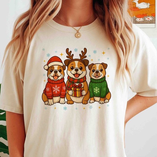 Bulldog Christmas Santa Reindeer Funny Holiday T-shirt S-5XL