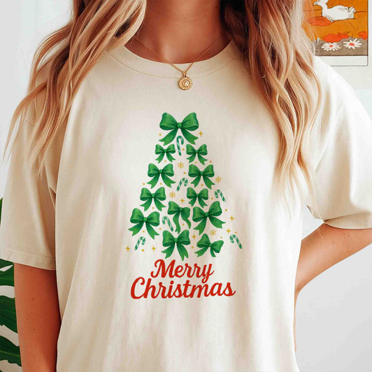 Coquette Pink Bow Merry Christmas Tree Preppy T-shirt S-5XL