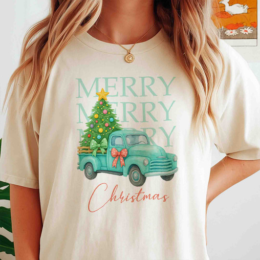 Pink Retro Merry Christmas Truck Coquette Tree T-shirt S-5XL