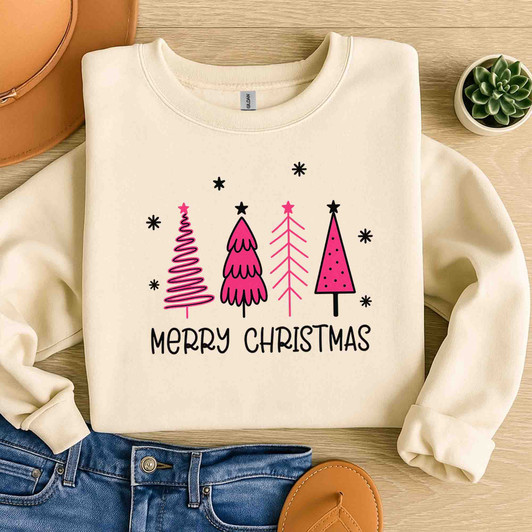 Pink Minimalist Christmas Tree Cozy Holiday Sweatshirt S-5XL