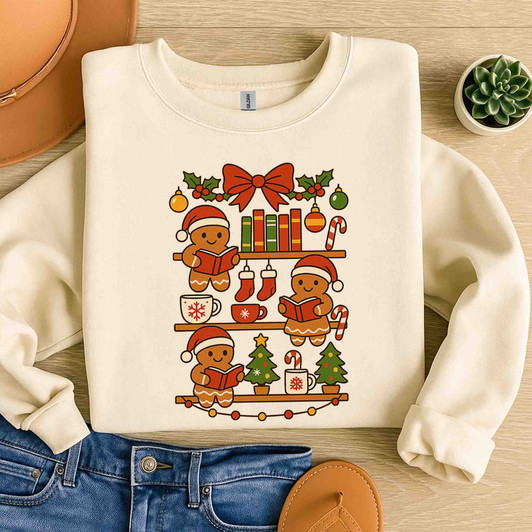 Gingerbread Holiday Reading Cozy Book Lover Sweatshirt S-5XL