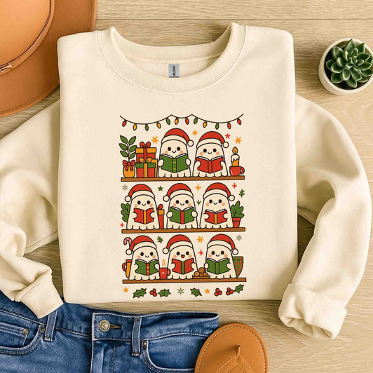 Christmas Ghost Reading Cozy Holiday Book Lover Sweatshirt S-5XL