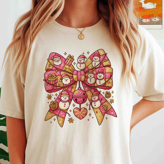 Coquette Pink Patchwork Bow Girly Holiday T-shirt S-5XL