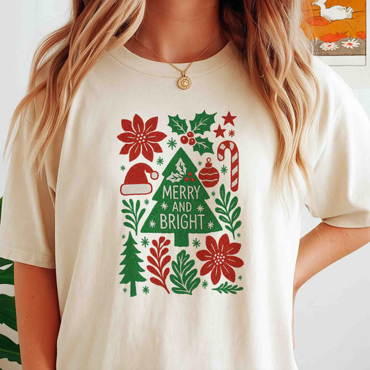 Merry and Bright Preppy Floral Christmas Tree Santa Hat T-shirt S-5XL