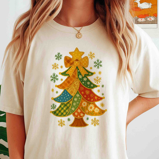 Patchwork Christmas Tree Trendy Holiday T-shirt S-5XL
