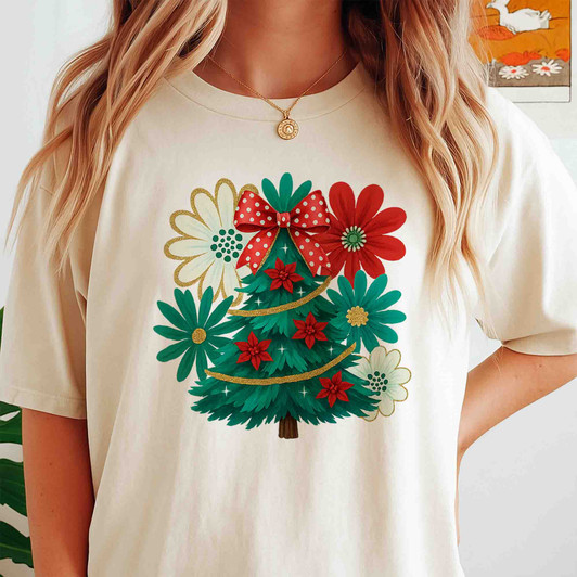 Colorful Boho Glitter Christmas Tree Floral T-shirt S-5XL