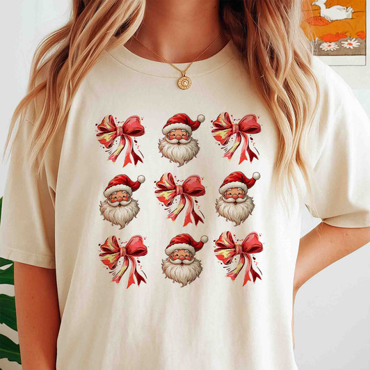 Christmas Bow Santa Pink Coquette Trendy Holiday T-shirt S-5XL