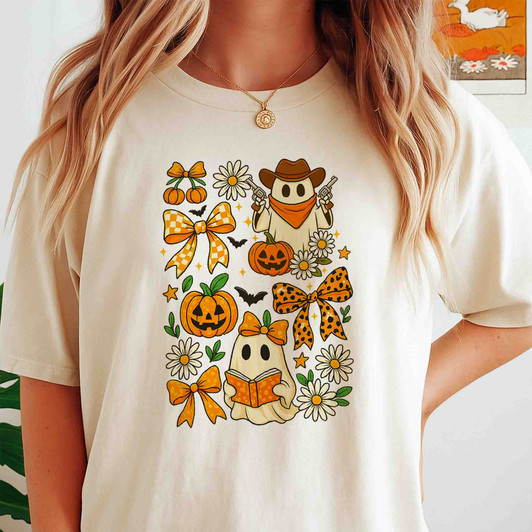 Vintage Halloween Ghost Coquette Floral Pumpkin Bow T-shirt S-5XL