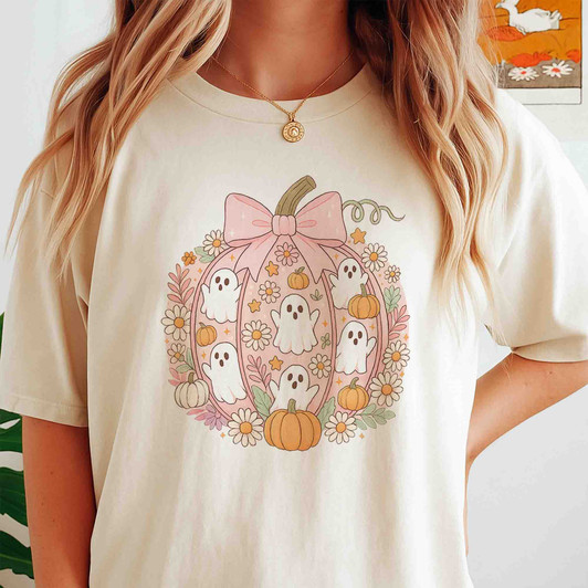Pink Pumpkin Ghost Kawaii Halloween Floral T-shirt S-5XL
