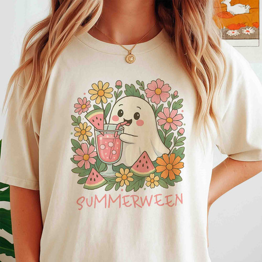 Summerween Ghost Floral Art Kawaii Watermelon Halloween T-shirt S-5XL